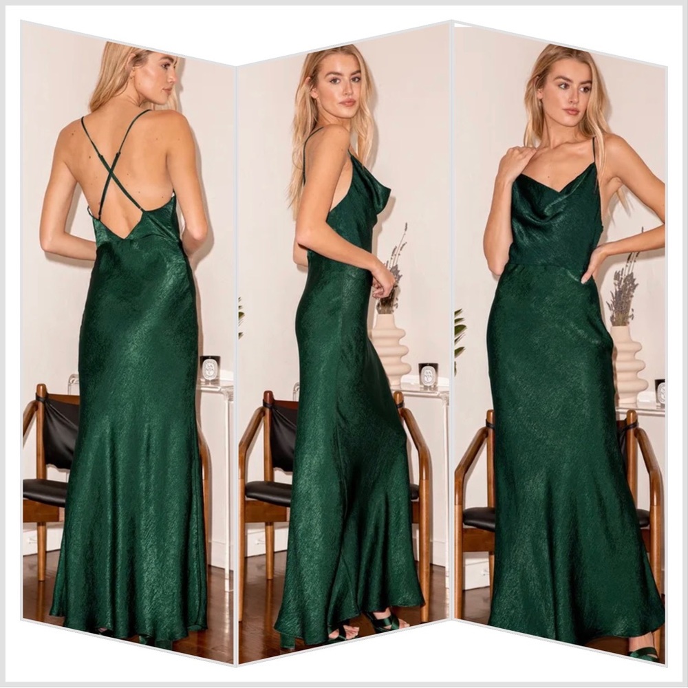 Exquisite Evening Emerald Green Satin Cowl Neck Maxi Dress